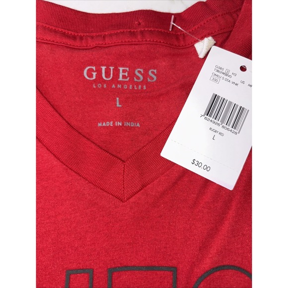 Guess Men's Short Sleeve V-neck‎ Spell-out Logo Tee Red Graphic Cotton Large - Picture 3 of 4